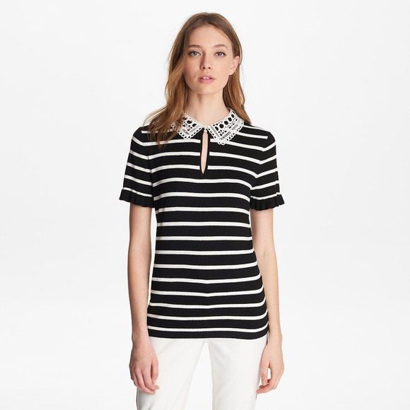 Karl Lagerfeld Striped & Lace Collared Top Sweater - Picture 3 of 3